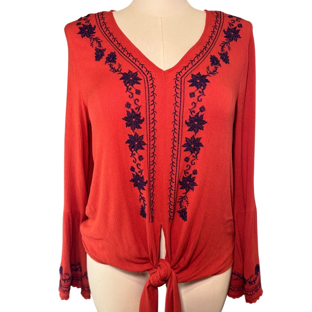 Blu Pepper Red Long Sleeve Tie-Front Blouse with Navy Embroidery